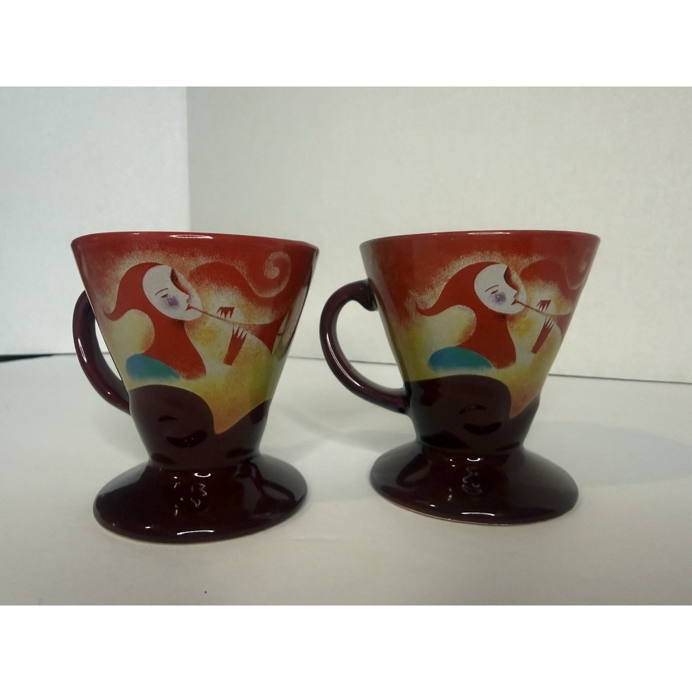 Linda Brisichta Signed Ceramic Mugs Set of 2 Red Yellow Blue Brown Made in China